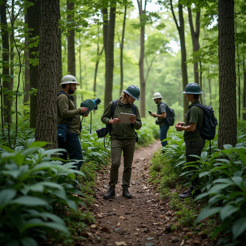 Conservation specialists working in a forest
